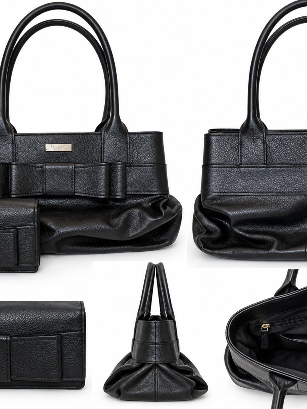 Kate Spade Black Pebbled Leather Bow Shoulder Bag Wristlet 2 Piece Set